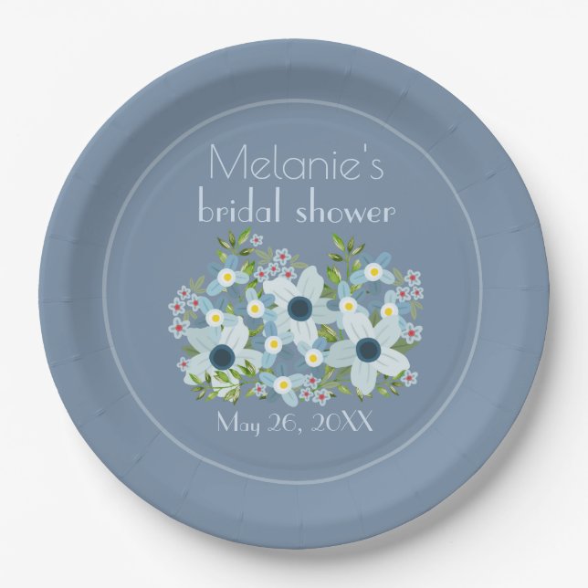Faded Denim Blue Floral Centerpiece Paper Plate (Front)