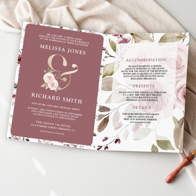 Faded Dusty Rose Floral Ampersand QR Code Wedding Invitation (Creator Uploaded)