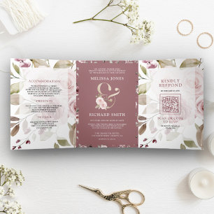 Faded Dusty Rose Floral Ampersand QR Code Wedding Tri-Fold Invitation