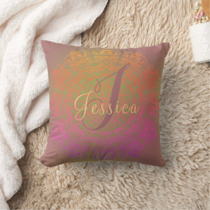 Faded Earth-toned Monogram Mandala Throw Pillow