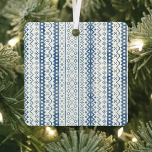 Faded Fair Isle Watercolor Cabincore blue cream Metal Ornament