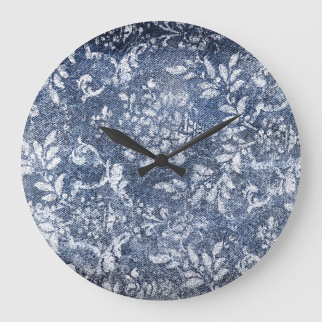 Faded Floral Denim: Grungy Textured Background Large Clock (Front)