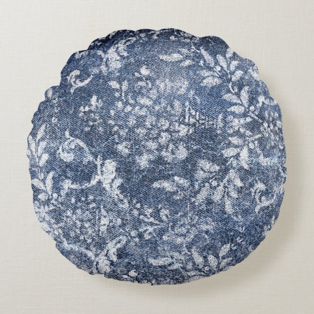Faded Floral Denim: Grungy Textured Background Round Pillow (Front)