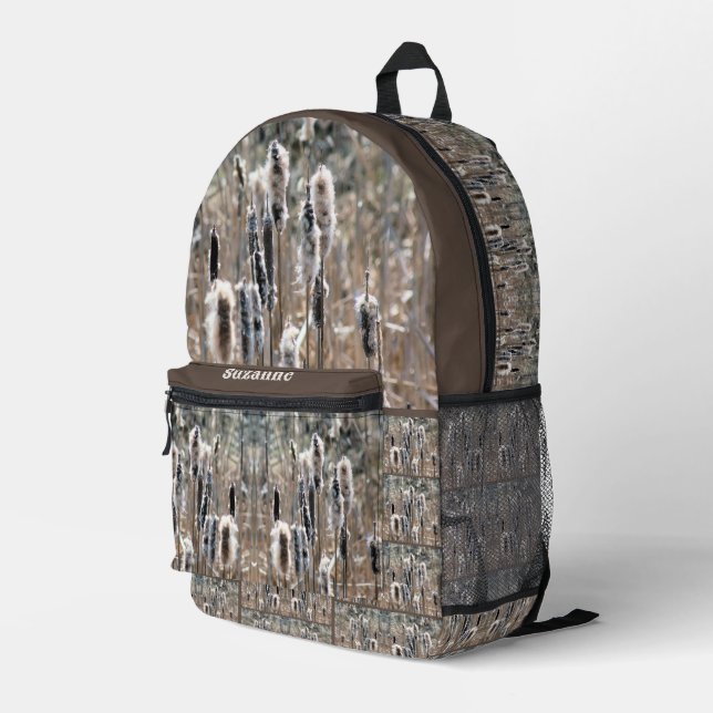 Faded Fluffy Cattails Nature Personalized Printed Backpack (Back Corner Right)