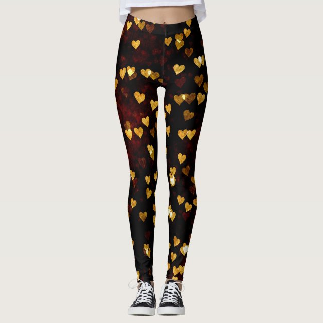 Faded Gold Hearts on Dark Background Leggings (Front)