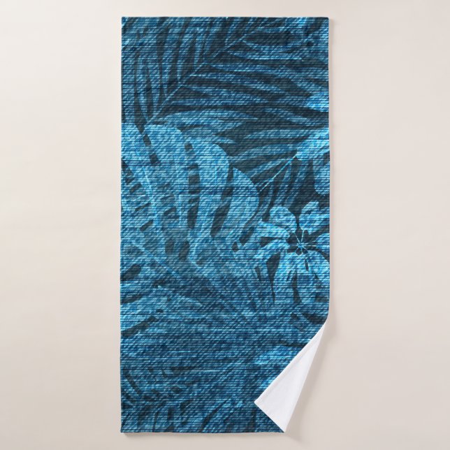 Faded jeans with tropical leaves pattern bath towel (Bath Towel)