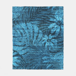 Faded jeans with tropical leaves pattern fleece blanket