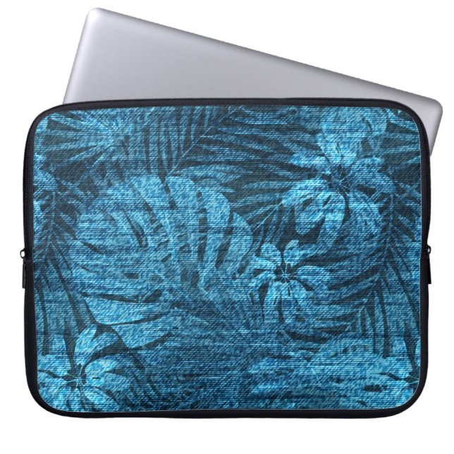 Faded jeans with tropical leaves pattern laptop sleeve (Front)