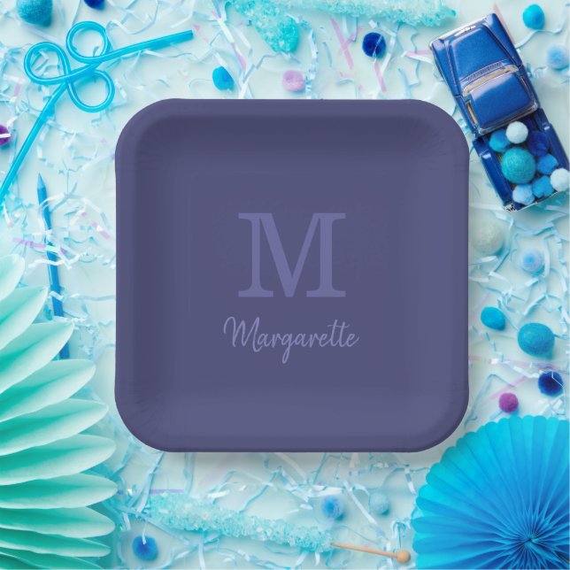 Faded Navy Blue  Name and Initial Monogram     Paper Plate (Party)