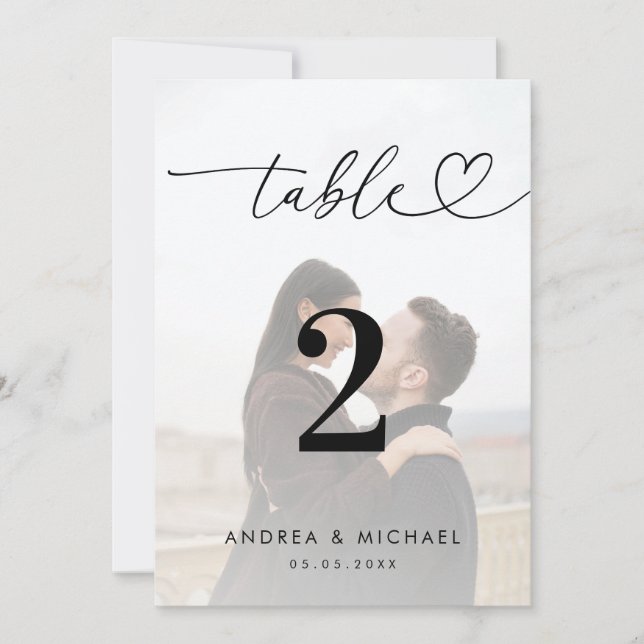 Faded Photo Elegant Heart Script 5x7 Table Number (Front)