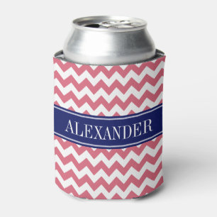 Faded Red White Chevron Navy Name Monogram Can Cooler
