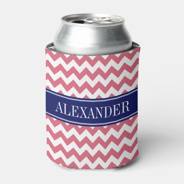 Faded Red White Chevron Navy Name Monogram Can Cooler (Can Front)