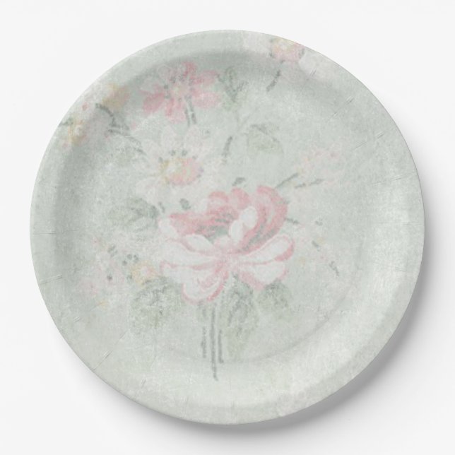 Faded Roses Shabby Vintage Design Paper Plate (Front)