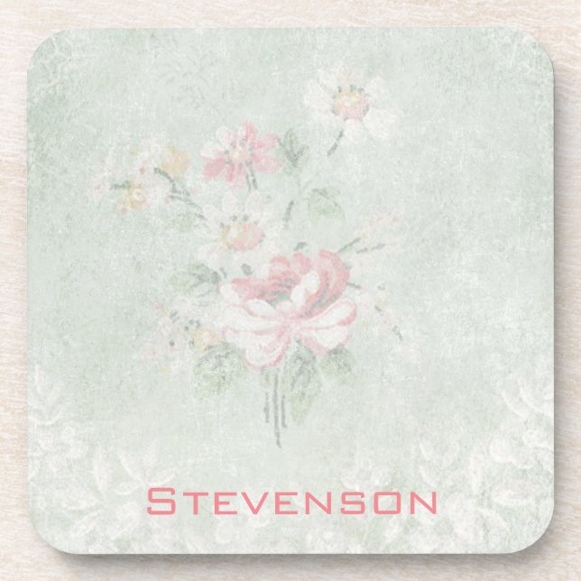 Faded Roses Shabby Vintage Design Personalized Coaster (Front)