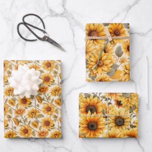 Faded Rustic Pressed Sunflowers Watercolor Design Wrapping Paper Sheet