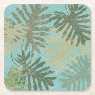 Faded Tropical Leaves Square Paper Coaster