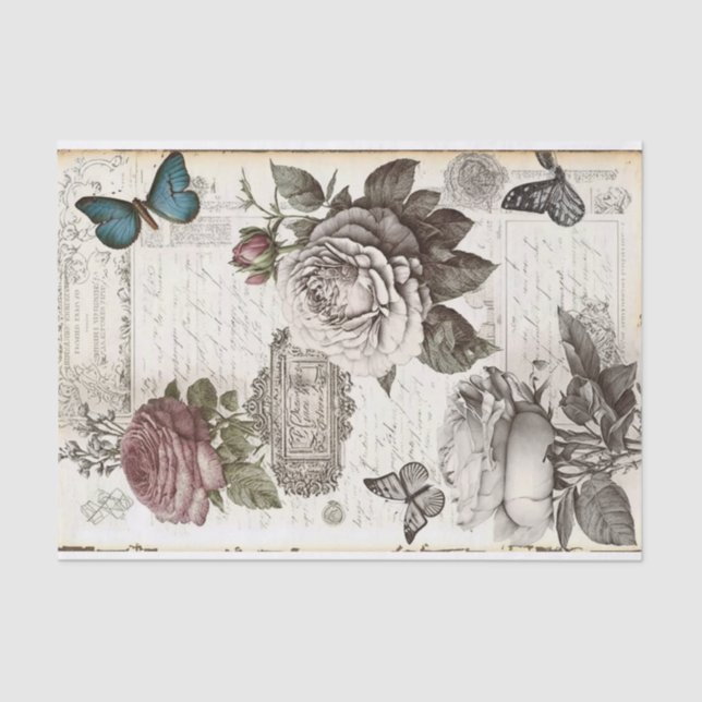 Faded Vintage Butterflies and Roses Decoupage  Tissue Paper (Front)