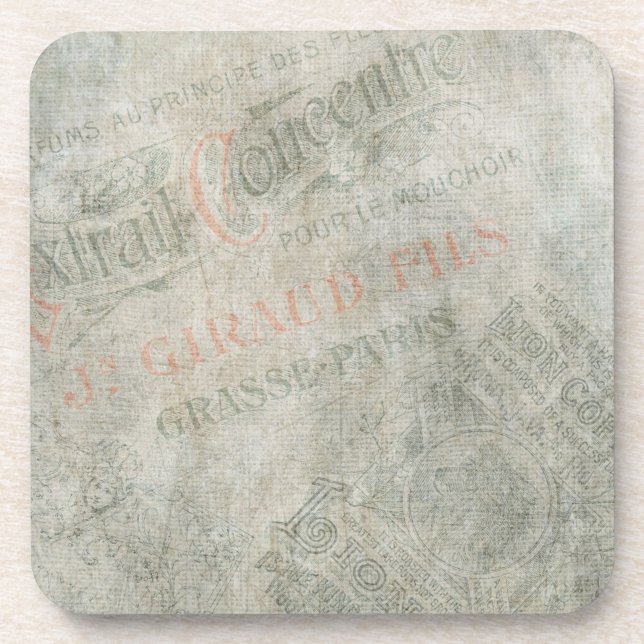 Faded Vintage Paper Parisian Advertisement Collage Coaster (Front)