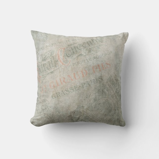 Faded Vintage Paper Parisian Advertisement Collage Throw Pillow (Front)