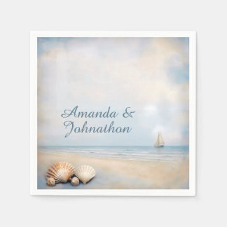 Faded Vintage Seashell Beach Scene Blue Beige Napkin