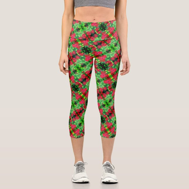 Fading Red Zinnia Flowers Abstract Pattern        Capri Leggings (Front)