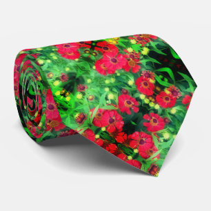 Fading Red Zinnia Flowers Abstract Pattern        Tie