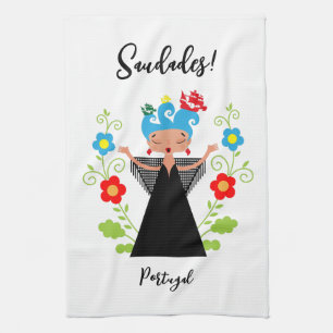 Fado woman singer with Portuguese caravel ships Kitchen Towel