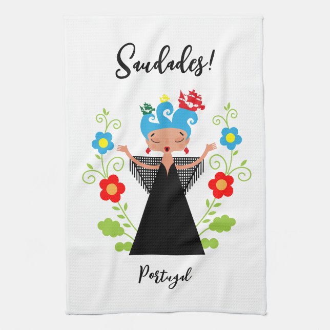 Fado woman singer with Portuguese caravel ships Kitchen Towel (Vertical)
