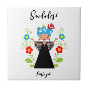 Fado woman singer with Portuguese caravel ships Tile