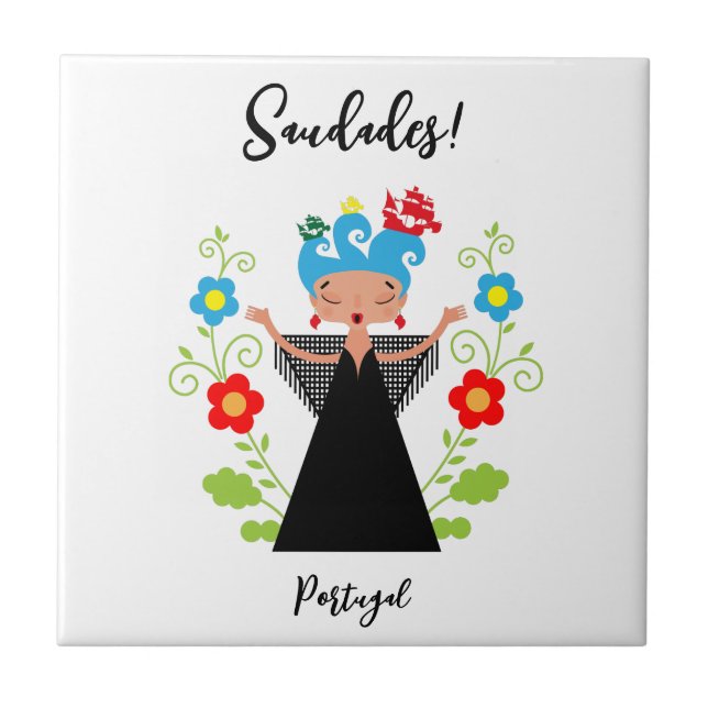 Fado woman singer with Portuguese caravel ships  Tile (Front)