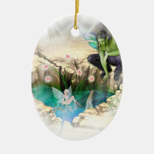 Faerie in Elven Pond Vignette Ceramic Ornament (Front)