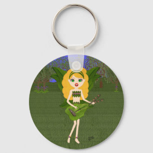 Faerie with Green Leaf Wings and Guitar Keychain