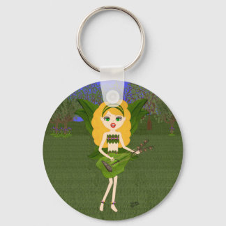 Faerie with Green Leaf  Wings and Guitar Keychain