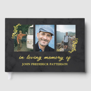 Faint Dark Marbling Gold Twigs 3 Photo Memorial Guest Book