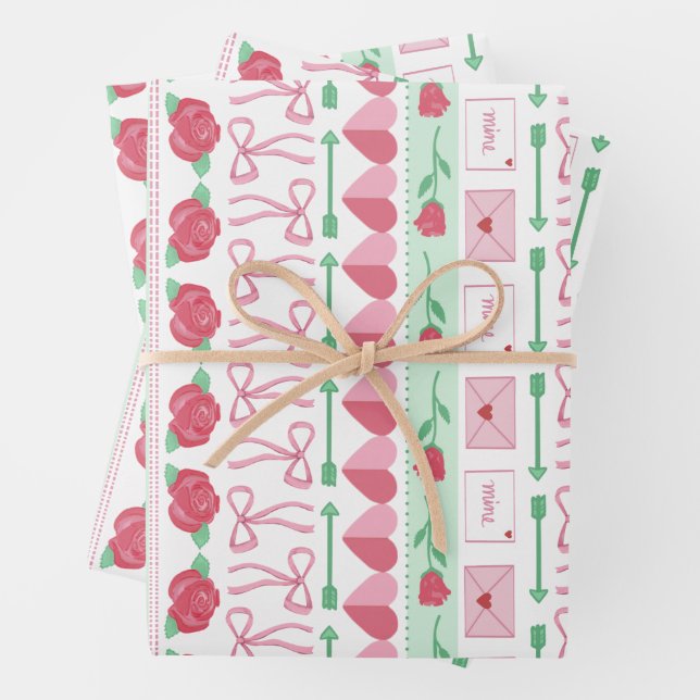 Fair Isle Inspired Pink and Green Valentine’s Day Wrapping Paper Sheet (In situ)
