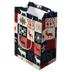 Fair Isle Knitted Patchwork   Holiday Reindeer Medium Gift Bag