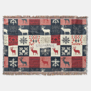 Fair Isle Knitted Patchwork Holiday Reindeer Throw Blanket