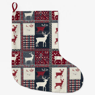Fair Isle Knitted Patchwork   Rustic Reindeer (2) Large Christmas Stocking