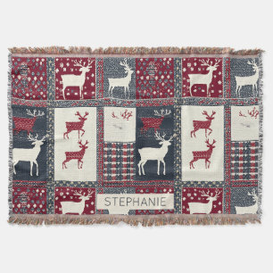 Fair Isle Knitted Patchwork Rustic Reindeer (2) Throw Blanket