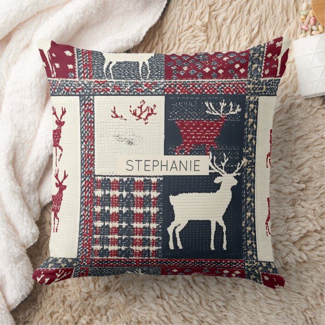 Fair Isle Knitted Patchwork | Rustic Reindeer (2) Throw Pillow (Blanket)