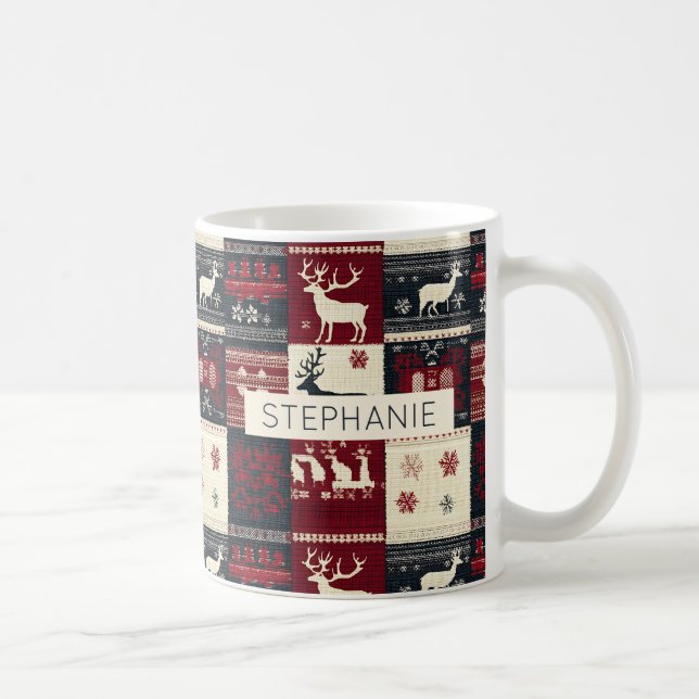Fair Isle Knitted Patchwork | Rustic Reindeer Coffee Mug (Right)