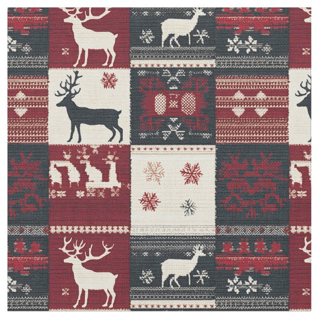 Fair Isle Knitted Patchwork | Rustic Reindeer Fabric (Close Up)