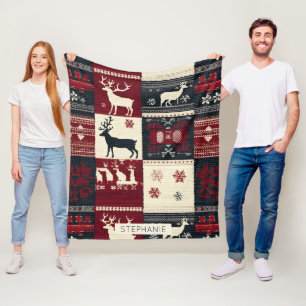 Fair Isle Knitted Patchwork   Rustic Reindeer Fleece Blanket