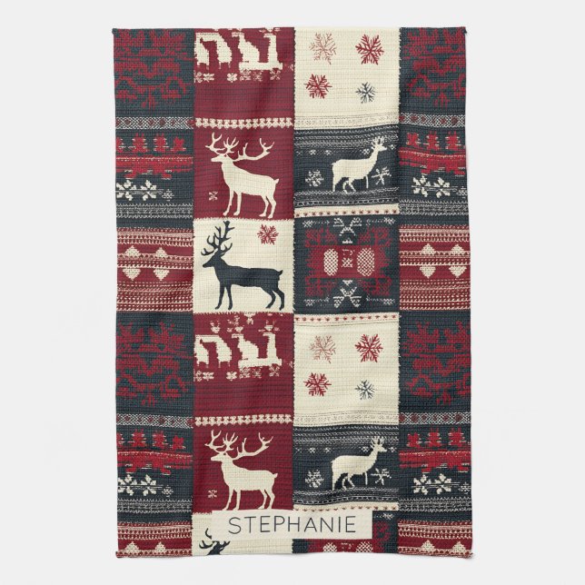 Fair Isle Knitted Patchwork | Rustic Reindeer Kitchen Towel (Vertical)