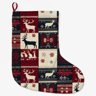 Fair Isle Knitted Patchwork Rustic Reindeer Large Christmas Stocking
