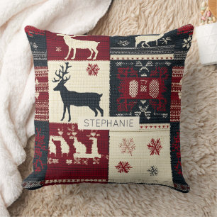 Fair Isle Knitted Patchwork Rustic Reindeer Throw Pillow