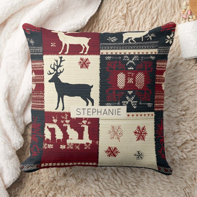 Fair Isle Knitted Patchwork | Rustic Reindeer Throw Pillow (Blanket)