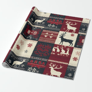 Fair Isle Knitted Patchwork Rustic Reindeer Wrapping Paper