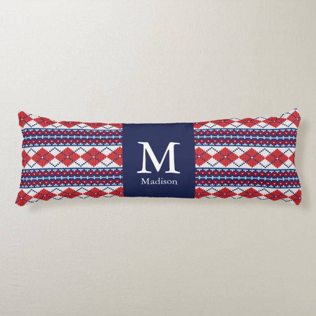 Fair Isle Red and Blue Argyle Monogram Body Pillow (Front)