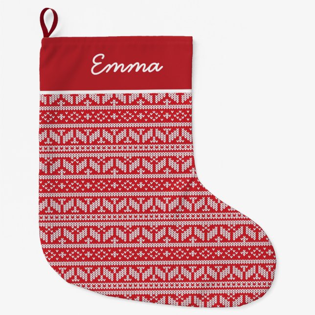 Fair Isle Red Christmas Name Monogram Large Christmas Stocking (Front)
